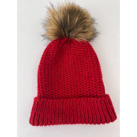 Cintelli e Galluzzo Red Acrylic Wool Alpaca Blend Faux Fur Pom Pom Beanie - Picture 2 of 4